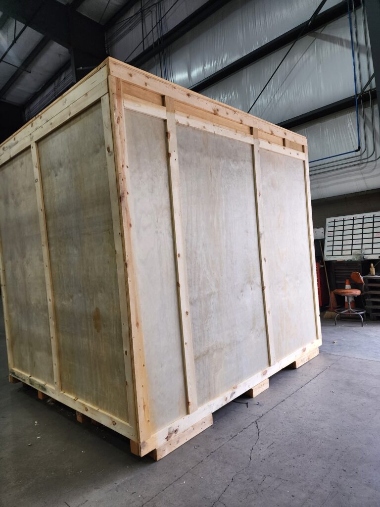 Wooden Crate for Heavy Equipment Shipping at BlueRose Packaging manufacturing facility.