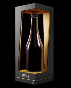 A wine bottle with custom packaging design, showcasing branding elements and protective packaging features.