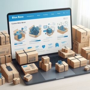 Various custom mailer boxes displayed on a laptop, showcasing different shapes and designs, with BlueRose Packaging's website on the screen.