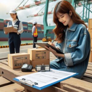 Girl Verifying Labeling and Documentation for International Shipping Crates