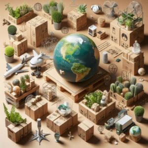 Shown Earth placing on wooden crates and various transportation modes around it like ships and planes.